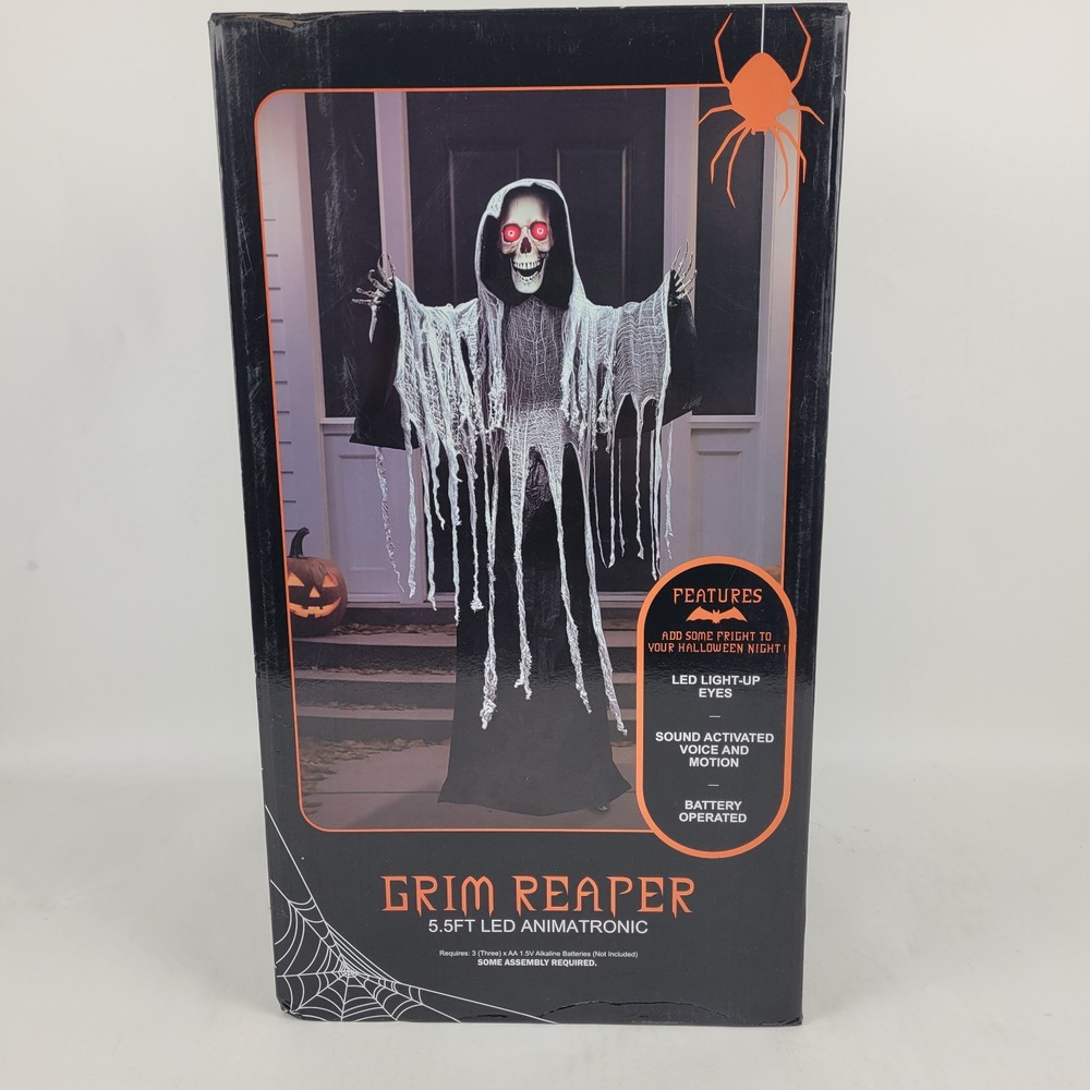 5.5 FT LED ANIMATRONIC~GRIM REAPER~SOUND ACTIVATED MOVING HEAD/JAW/ARMS. NEW