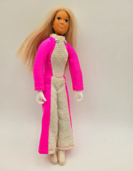 Vintage 1974 Ideal Derry Daring Stunt Figure Doll Pink Jumpsuit White Boots 7”