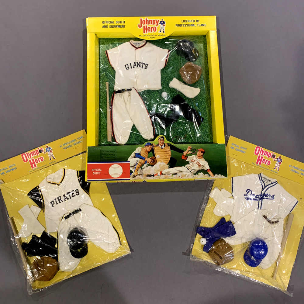 Vintage 1965 Rosko Johnny Hero Baseball Uniforms, Dodgers, Pirates, Giants MOC