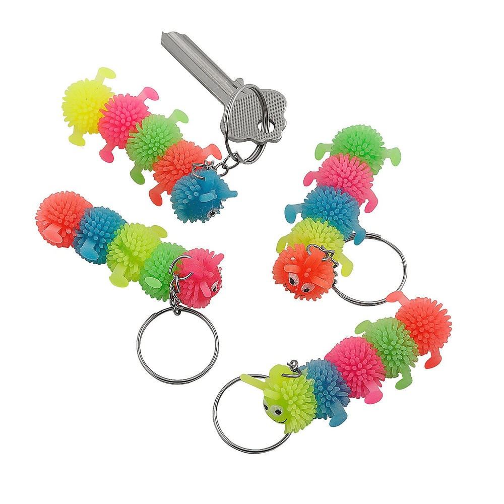 Fun Express Bright Color Spikey Rubber Caterpillar Keychains – 3″, 24 Pieces