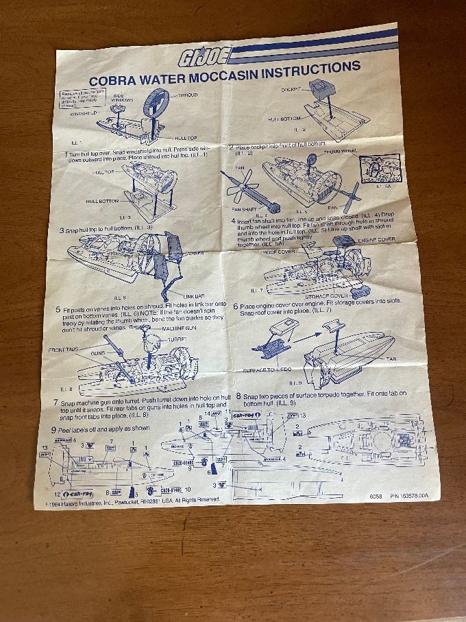 GI.JOE HASBRO 1984 COBRA WATER MOCCASIN BLUEPRINTS INSTRUCTION SHEET