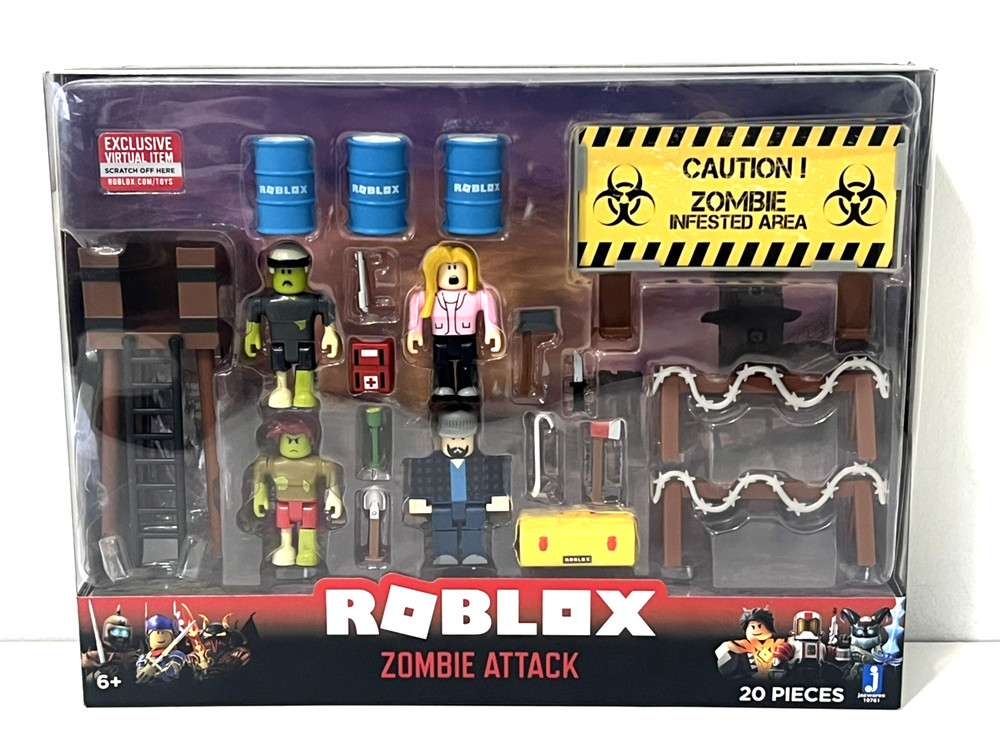 ROBLOX ZOMBIE ATTACK PLAY SET 20 PCS 4 FIGURES + EXCLUSIVE VIRTUAL ITEM JAZWARES