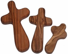 Three Olive Wood Comfort Handheld Crosses Velvet Bags & Cards – Set of 3 sizes