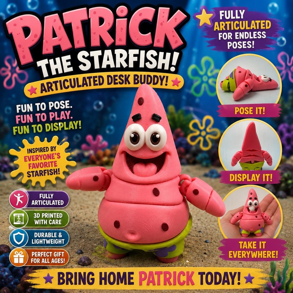 Patrick Star Inspired Articulated Figure 3D Printed Poseable Desk Toy