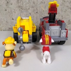 Paw Patrol Dino Rescue Marshall Fire Truck Rubble Deluxe Bulldozer Toy Lot 2 Pup