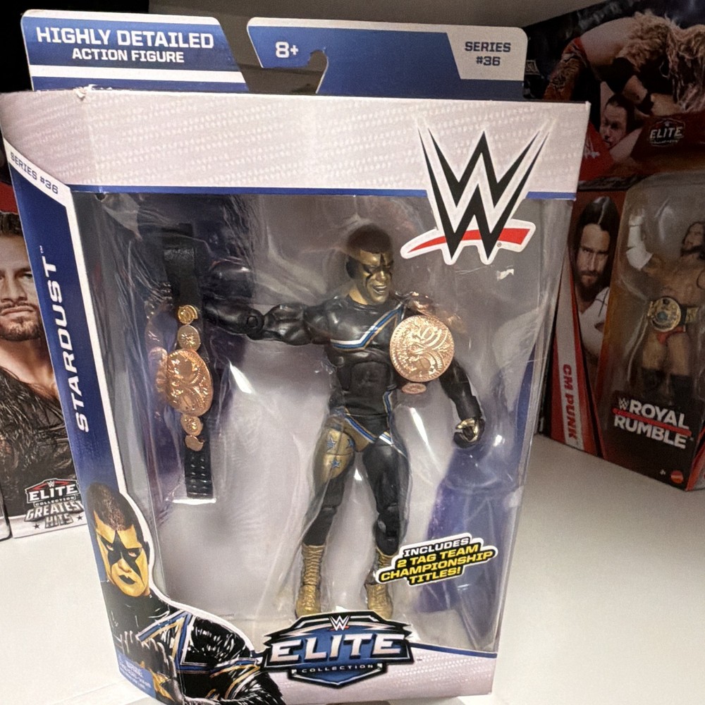 (V RARE)Mattel WWE Elite Collection Stardust Wrestling ActionFigureBoxed x2 belt