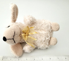Poodle Dog Plush Toy Cream Beige Beanie Puppy 6.5″ Yellow Bow Shaggy Vintage