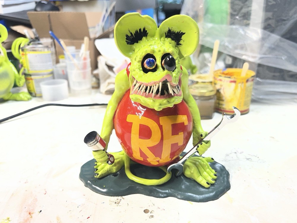 Rat Fink Style Mouse Figurine w/ Flag – Plastic Green Red Yellow Black