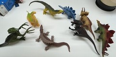 Lot of 8 Mixed Toy Plastic Rubber Dinosaurs. Tallest Around 4”.