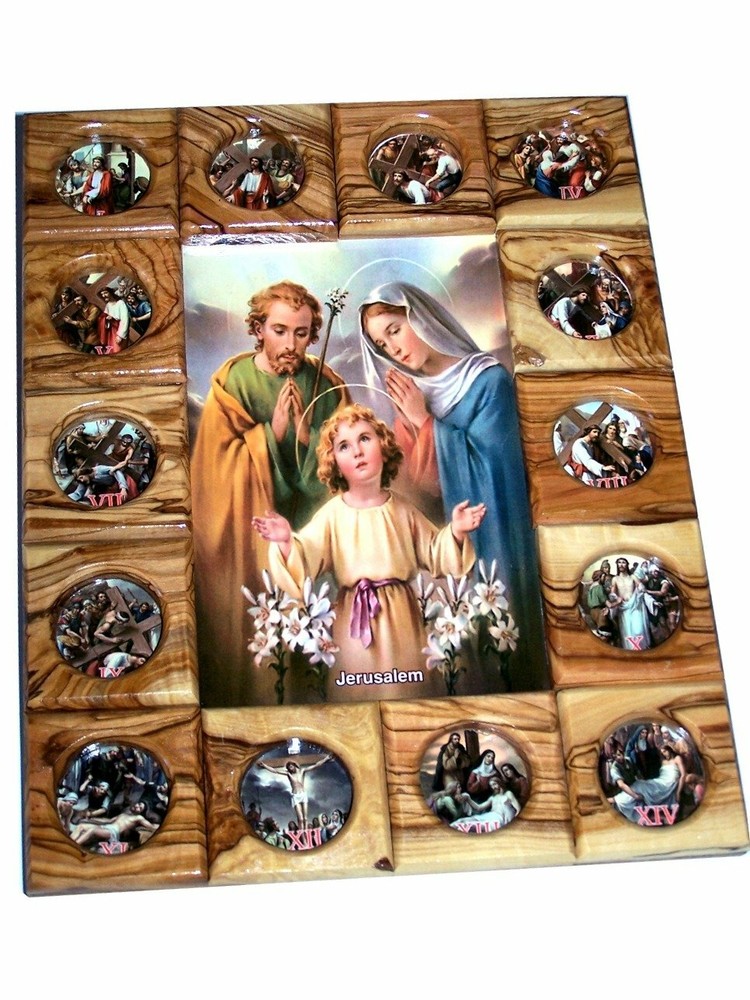 Holy family with Stations of the Cross Icon plaque all in Olive wood from