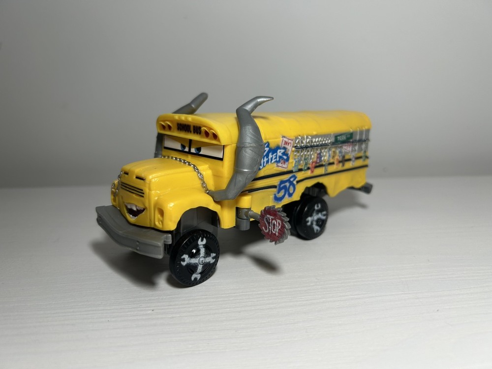 Disney Pixar Cars Miss Fritter 6″ Yellow School Bus Derby Crash Bumper Action