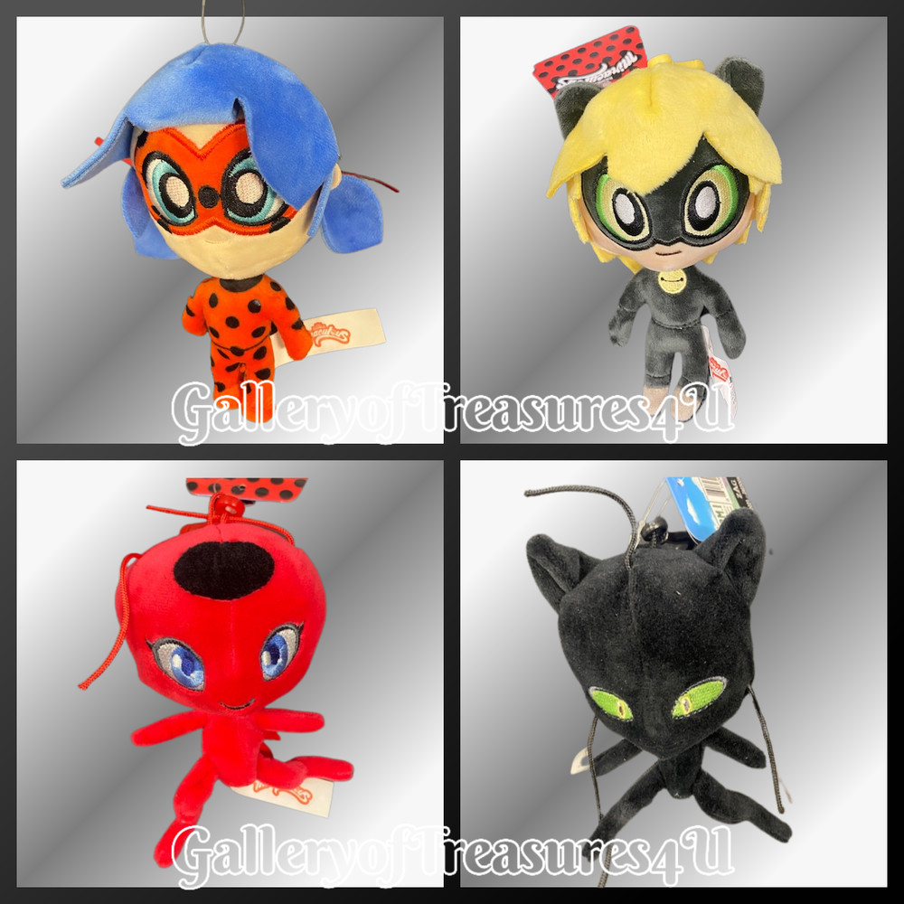 (1) Miraculous Plush Clip Ladybug Cat Noir Tikki or Plague 4″ Doll 6″ w/ Clip