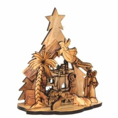 One piece olive wood Nativity carved by Laser ( 13.5 cm or 5.25 inches )