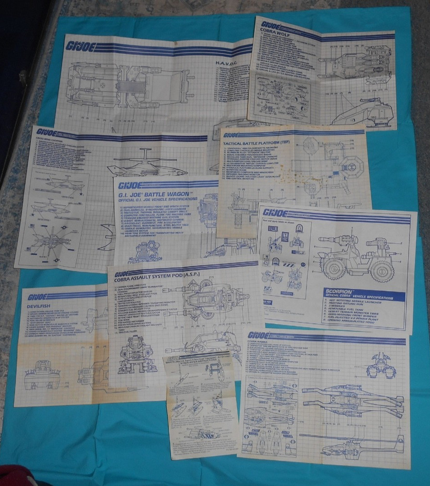 vintage G.I. GI JOE INSTRUCTIONS BLUEPRINTS LOT x10 Manta Havoc Asp FREE SHIP