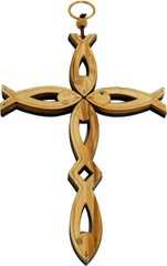 Olive Wood Cross Made with Fish (First Christianity Symbol) Shapes Design – 8″