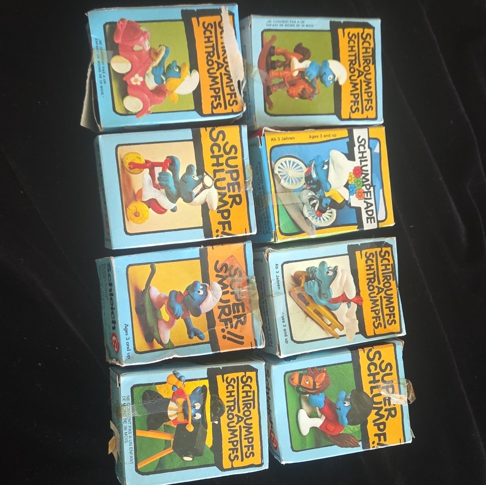 Lot Of 8 Super Smurfs With Box Vintage Peyo Schleich Toy Figures