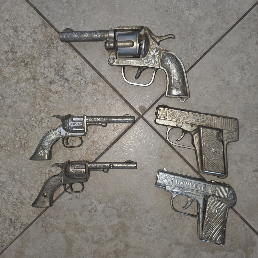 Lot Of 5 – 1950’s Kids Metal Toy Cap Gun Pistols – Vintage