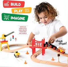 38-Piece Wooden Train Track Lot Railway Set with Crane, Bridge & Accessories