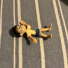 Plastic Human Action Figure Yellow Shirt Blue Shorts Brown/Beige Hair & Skin