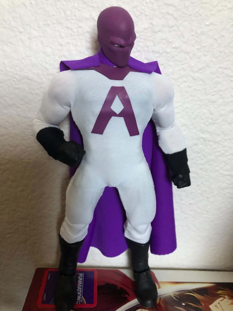 Superhero Action Figure Purple White Black Cape “A” Chest Logo Plastic Fabric
