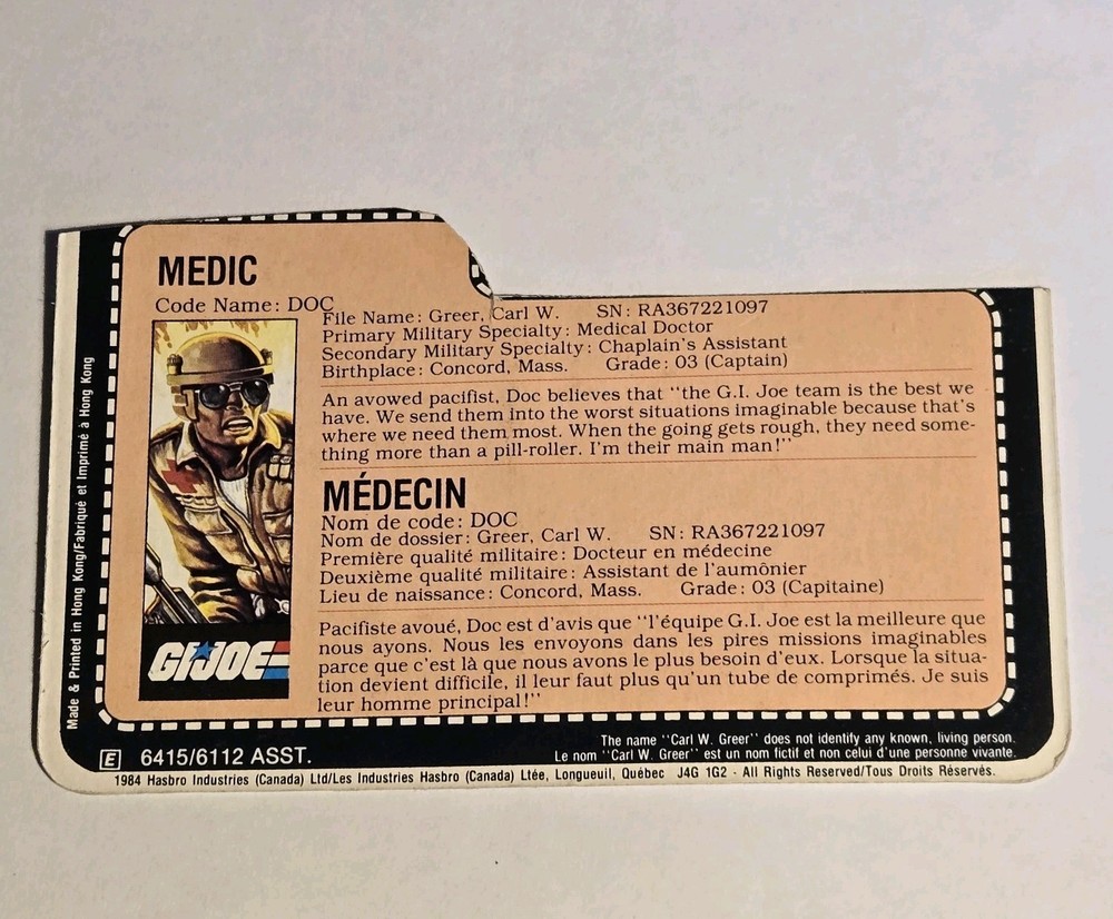 1984 Vintage G.I. JOE DOC French Canadian Bilingual English File Card Medic