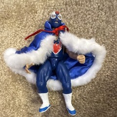 Wrestling Action Figure Blue White Red Masked with Cape Plastic Fabric