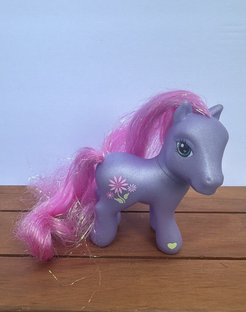 My Little Pony G3 MLP Petal Blossom 2004 Long Tinsel Hair Purple Flowers