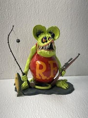 Rat Fink Style Mouse Figurine w/ Flag – Plastic Green Red Yellow Black