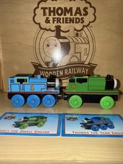 THOMAS & PERCY ! THOMAS FRIENDS TRAIN WOODEN 1998 WOODEN FUNNEL BRITT ALLCROFT