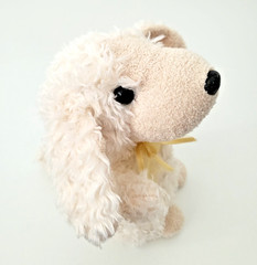 Poodle Dog Plush Toy Cream Beige Beanie Puppy 6.5″ Yellow Bow Shaggy Vintage