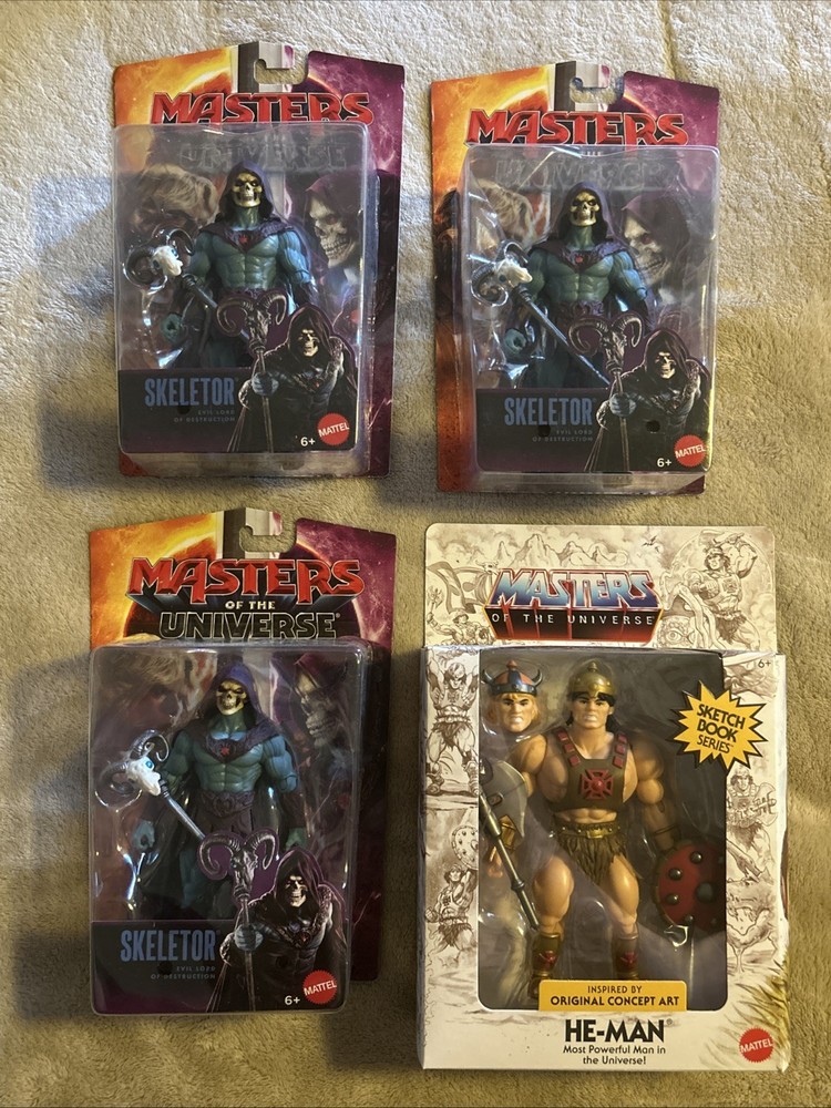 Skeletor Masters of the Universe MOTU Mattel + Sketch Book He Man ( 4 Figures )