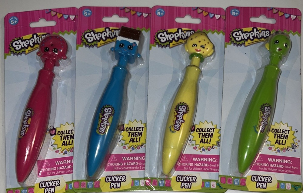 SHOPKINS SEASON 1 COMPLETE SET OF 4 CLICKER PEN YELLOW PINK GREEN BLUE NEW