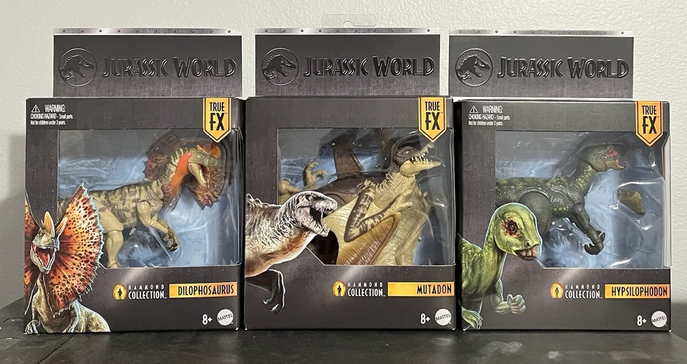 3 Jurassic World Hammond Collection Figures, Mutadon,Dilophosaurus,Hypsilophodon