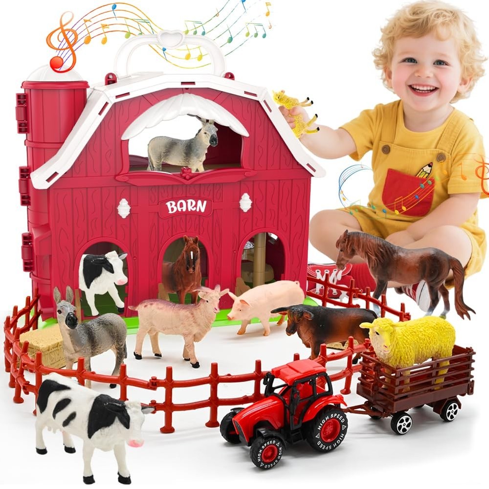 Big Red Barn Toys for Toddlers 1-3 Farm Animal Figures Playset with Tractor f…