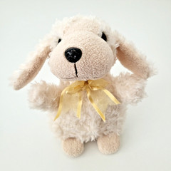 Poodle Dog Plush Toy Cream Beige Beanie Puppy 6.5″ Yellow Bow Shaggy Vintage
