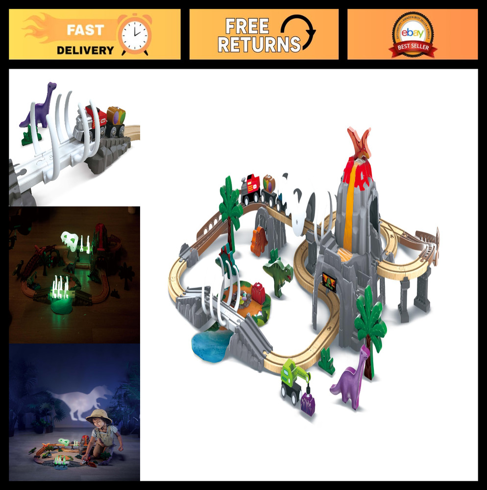 Dinosaur Railway Adventure Playset – Wooden Train Track Set for Kids, Fun Gift