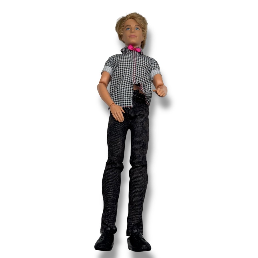 Rare HTF Product Fashionista Ken Doll Barbie Check Shirt Pink Bow Tie