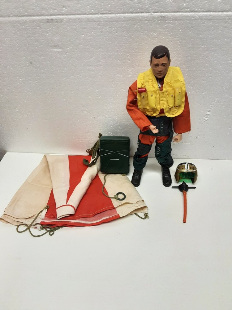 Original 1964 1967 GI Joe Fighter Pilot Action Figure w Full Uniform, Parachute