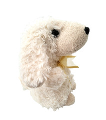 Poodle Dog Plush Toy Cream Beige Beanie Puppy 6.5″ Yellow Bow Shaggy Vintage