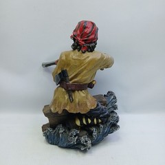 Resin Pirate 10″ Statue with Knife, Musket & Pistol on a bench with treasures