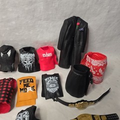 Huge WWE Wrestling Figure Accessory Lot ~90 Pcs Belts Shirts Boots Masks Mattel