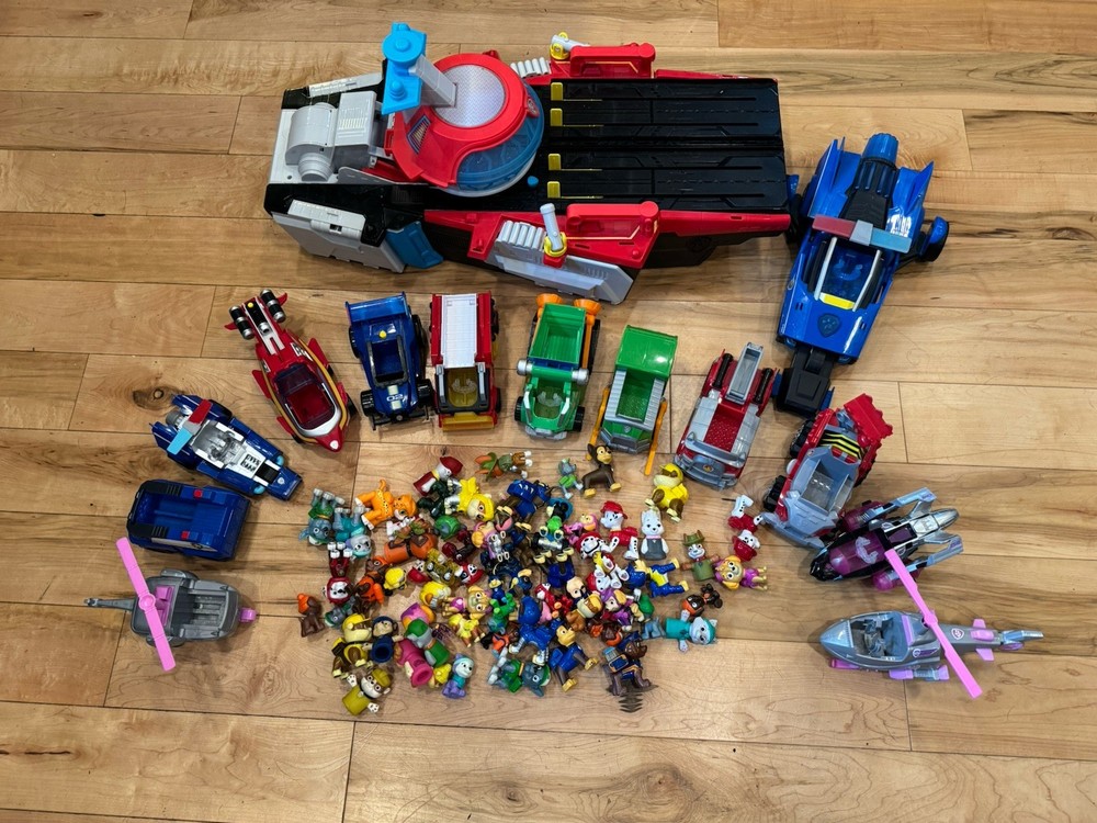 Huge Lot Paw Patrol Aircraft Carrier Vehicles Helicopter Cruiser 60 Figures