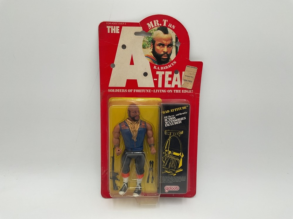 VINTAGE 1983 GALOOB A-TEAM MR. T B A BARACUS ACTION FIGURE ON CARD – WEAR