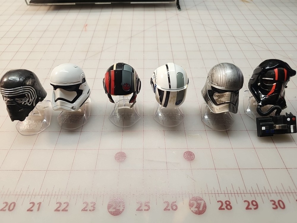 Star Wars Diecast Lot of 6 Black Silver Red Mini Helmets w/ Stands Plastic