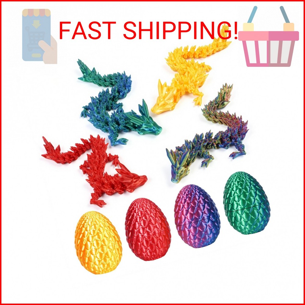VivaNova 4 Pack 3D Printed Dragon Eggs with 4 Articulated 5-Inch Dragons