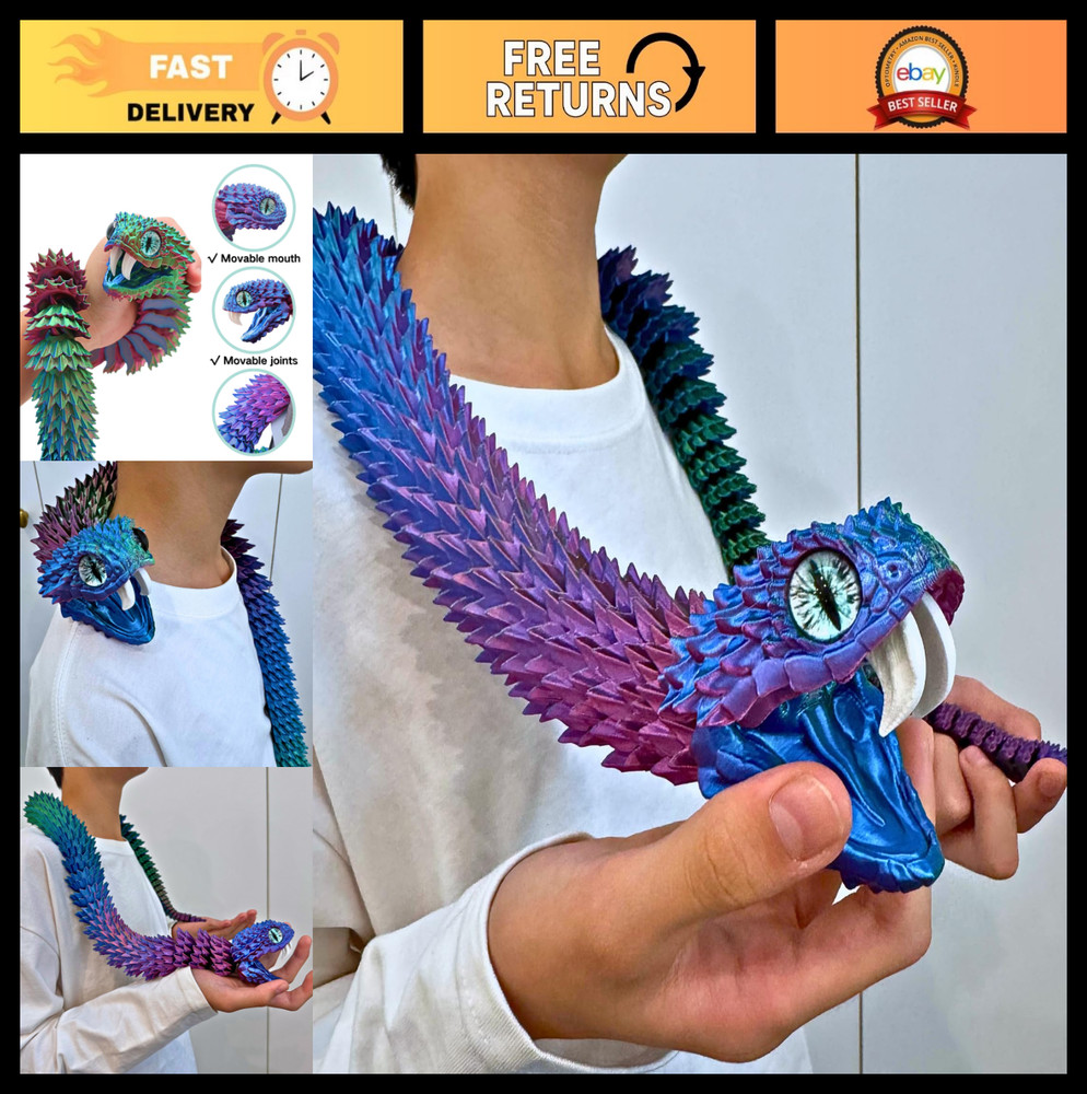 35.5-Inch 3D Printed Snake Model – Movable Teeth, Flexible Joints, Stress Relief