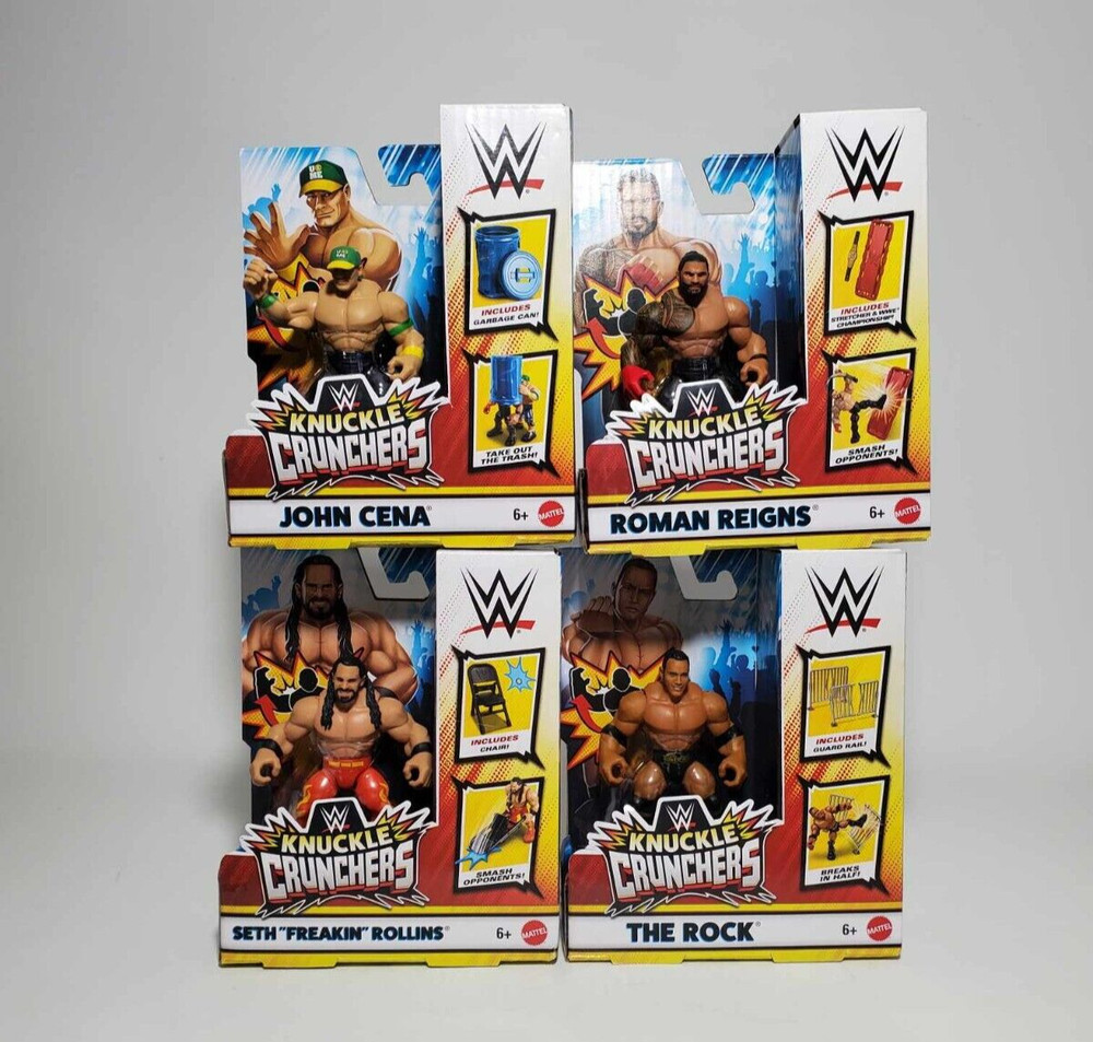 WWE Knuckle Crunchers Lot of 4 John Cena, Rock, Roman Reigns, Seth Rollins -NEW