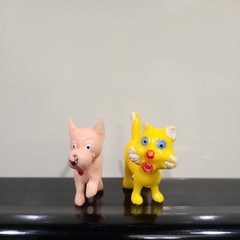 Vintage Small Plastic Dog Toy and Yellow Cat Toy Figure