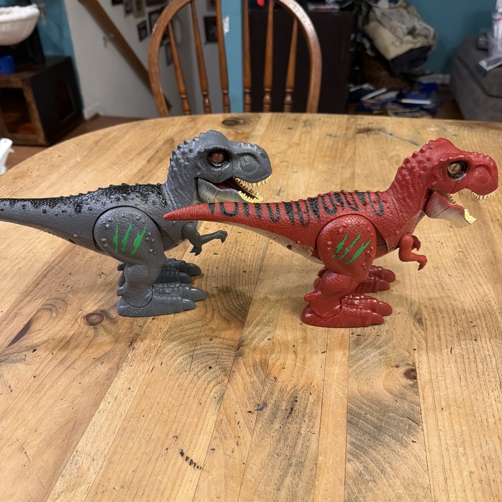 ZURU Robo Alive T-Rex Walking Robotic Dinosaur with Sounds Gray Red Lot Of 2