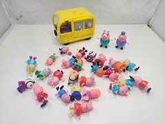 Peppa Pig Figures & Vehicle Lot Yellow School Bus Caravan Granddad Dog Pig Toys